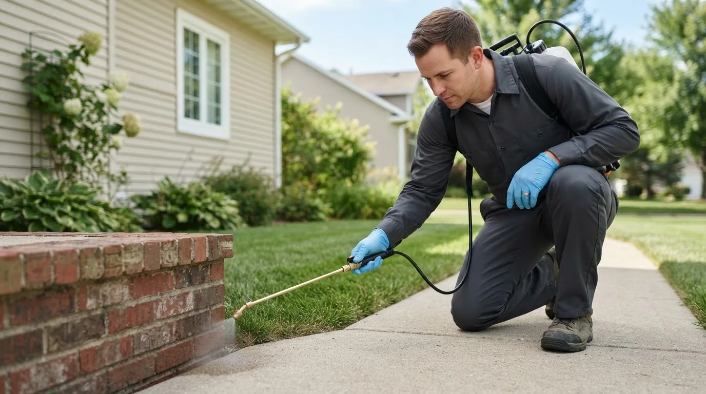 Pest control technician treating a home near Hext, TX