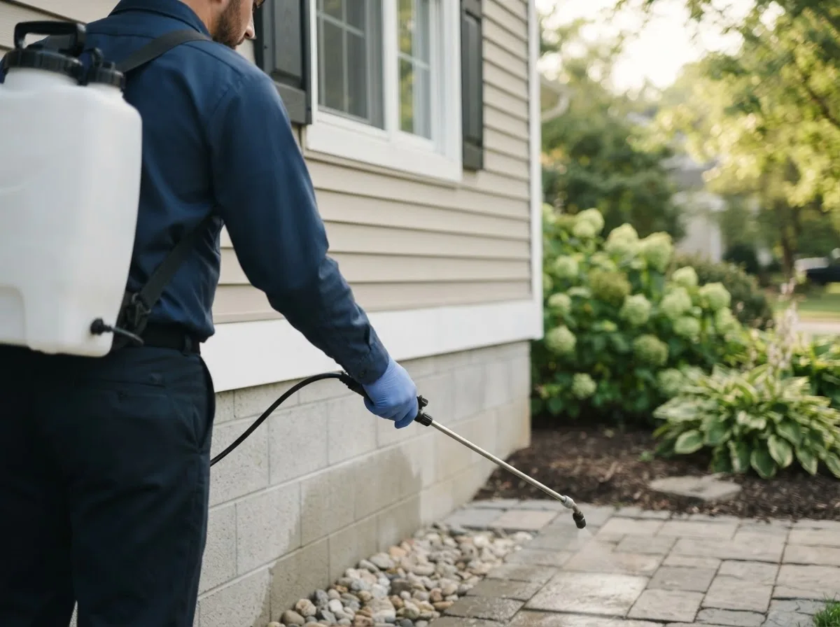 Pest control technician inspecting a home in Hext, TX